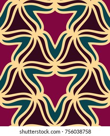 Seamless pattern morrocan ornament. Floral textile print. Islamic vector design. Oriental background with abstract flowers. Hexagonal trefoil swatch. Stained glass vitrage.