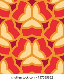Seamless pattern morrocan ornament. Floral textile print. Islamic vector design. Oriental background with abstract flowers. Hexagonal trefoil swatch. Stained glass vitrage.