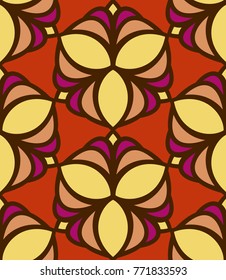 Seamless pattern morrocan ornament. Floral textile print. Islamic vector design. Oriental background with abstract flowers. Hexagonal trefoil swatch. Stained glass vitrage.