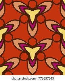 Seamless pattern morrocan ornament. Floral textile print. Islamic vector design. Oriental background with abstract flowers. Hexagonal trefoil swatch. Stained glass vitrage.