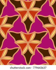 Seamless pattern morrocan ornament. Floral textile print. Islamic vector design. Oriental background with abstract flowers. Hexagonal trefoil swatch. Stained glass vitrage.