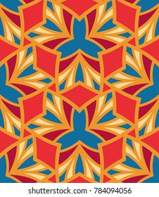 Seamless pattern morrocan ornament. Floral textile print. Islamic vector design. Oriental background with abstract flowers. Hexagonal trefoil swatch. Stained glass vitrage.