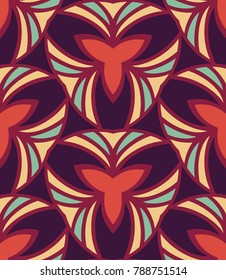 Seamless pattern morrocan ornament. Floral textile print. Islamic vector design. Oriental background with abstract flowers. Hexagonal trefoil swatch. Stained glass vitrage.