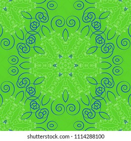Seamless pattern morrocan ornament. Islamic vector oriental background with abstract flowers. Green, blue and white stained glass vitrage. Floral textile print.