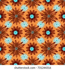 Seamless pattern morrocan ornament. Islamic vector oriental background with abstract flowers. Blue, orange and brown stained glass vitrage. Floral textile print.