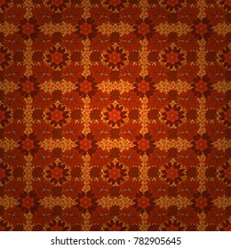 Seamless pattern morrocan ornament. Islamic vector oriental background with abstract flowers. Orange, brown and red stained glass vitrage. Floral textile print.