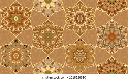 Ornamento de vibración morrocana de patrón inexpugnable. Impresión textil floral. Diseño vectorial islámico. Fondo oriental con flores abstractas. Vitraje de vidrio manchado.
