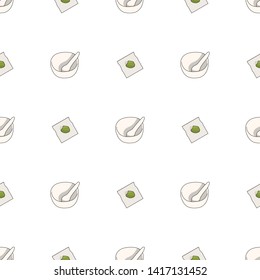 Seamless pattern with mortar and healing herbs on white background.  Vector illustration for design, web, wrapping paper, fabric, wallpaper.