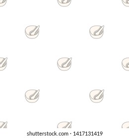 Seamless pattern with mortar and pestle on white background.  Vector illustration for design, web, wrapping paper, fabric, wallpaper.