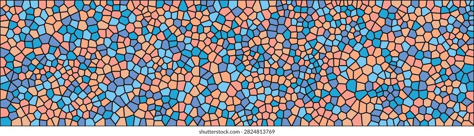 Seamless pattern with mosaic of colorful tiles in shades of blue and peach, abstract geometric background with irregular shapes
