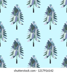 Seamless pattern with mosaic fir tree. Christmas tree. Fir silhouette. Light blue background.
