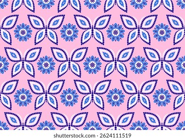 Padrão contínuo com flor de mosaico e borboleta de mosaico em fundo rosa. 