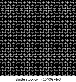 Seamless pattern with mosaic ornament. Repeated puzzle figures and crosses background. Logic game motif. Grid wallpaper. Digital paper for page fills, web designing, textile print. Vector illustration