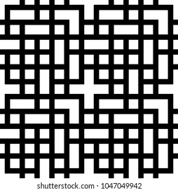 Seamless pattern with mosaic ornament. Repeated squares, rectangles, angle brackets, crosses background. Logic game motif. Grid wallpaper. Digital paper, web design, textile print. Vector illustration