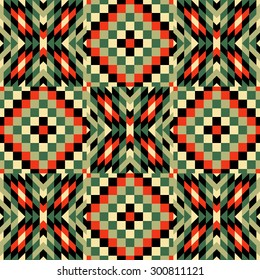 Seamless pattern. Mosaic of red, green, olive, black geometric shapes. Patchwork quilt. Template for design and decoration backgrounds, package, covers, textile. Abstract vector illustration.