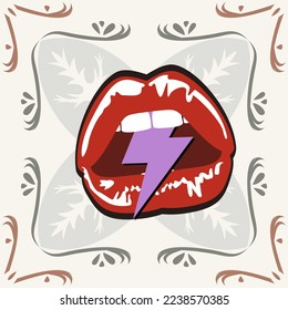	
seamless pattern of a mosaic with red lipsand thunderbolt . Vintage background.