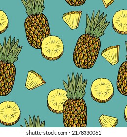 Seamless pattern with mosaic style pineapples on turquoise background