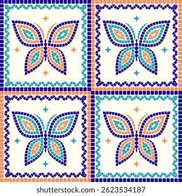 Padrão sem emenda de mosaicos azulejos com mosaico borboleta.