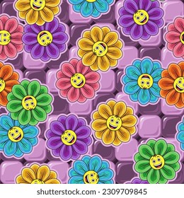 Seamless pattern with mosaic tiles, colorful emoji chamomile flower child. Groovy, hippie, naive style. Good for apparel, fabric, textile, surface design.