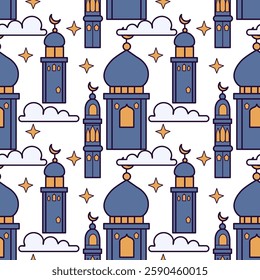 Seamless pattern with mosque, crescent moon, stars and clouds. Ramadan Kareem festive background.