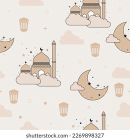 Seamless pattern with mosque, moon, clouds and lantern. Ramadhan pattern theme. Vector illustration. Design for background, wallpaper, wrapping paper