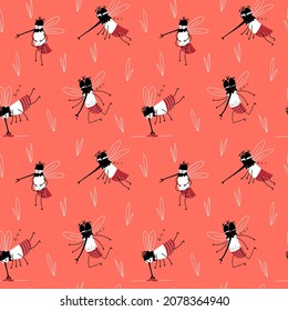 Seamless pattern with mosquitos. Vector cartoon background. 