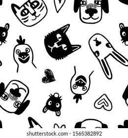 Seamless pattern. Most popular urban animals. Hipster style portraits set. Doodle sketches. Hand drawn vector illustration of funny characters.