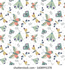Seamless pattern with moth, butterfly and dragonfly in the white backdrop. pattern texture  for fabric, wrapping,wallpaper, apparel