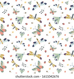 Seamless pattern with moth, butterfly ,flowers and dragonfly in the white backdrop. pattern texture  for fabric, wrapping,wallpaper, apparel