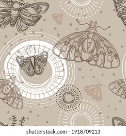 Seamless pattern with moth and butterfly on beige and brown colors