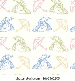 Seamless pattern with a moth running under an umbrella. On a light background.