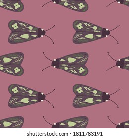 Seamless pattern with moth simple ornament. Butterfly shapes with folk details on dark pink background. Designed for wallpaper, textile, wrapping paper, fabric print. Vector illustration.