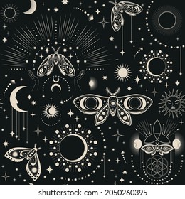 Seamless Pattern Of Moth, Sun, Moon And Magical Signs On Dark Background