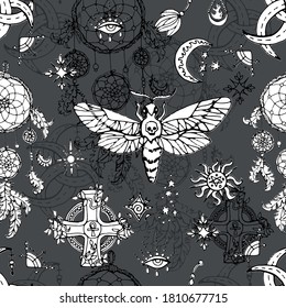  Seamless pattern with moth - symbol of death, cross, moon and mystic magic objects.  Spiritual background for Halloween, esoteric, gothic and occult concept