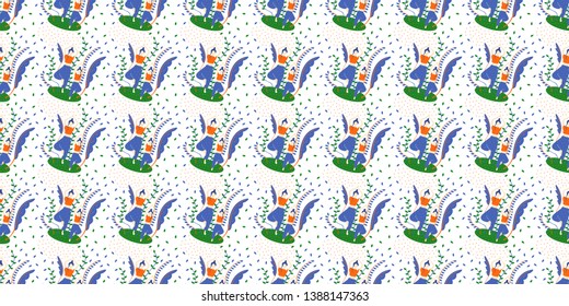 
Seamless pattern. Mother and daughter do yoga and stand in a tree asana against a background of abstract plants and a round figure. 
White background with abstract figures. Vector.