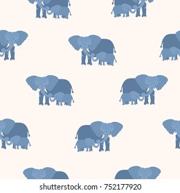 Seamless pattern with mother elephant holding its calf by trunk. Backdrop with family of funny cartoon animals on light background. Vector illustration for fabric print, wallpaper, wrapping paper.