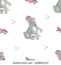 Seamless pattern of mother rabbit and little rabbit. The mother hugs the rabbit. Vector illustration for nursery and textile decoration