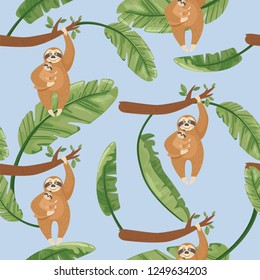 Seamless pattern with Mother sloth and baby hanging on a branch. Vector jungle floral background for textile, postcard, wrapping paper, cover, t-shirt.