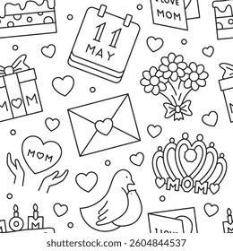 Seamless pattern of Mother's Day symbols. Vector illustration