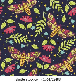 Seamless pattern with moths dead head. Vector graphics.