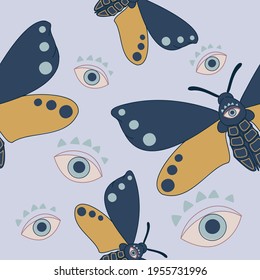 Seamless pattern with moths and eyes. Vector pattern, mystic night butterflies 