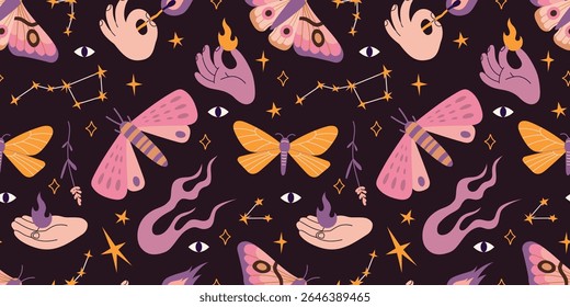 Seamless pattern with moths, flames, eyes and magical symbols. Mysterious design for witchy themes, tarot accessories or spiritual decor. Vector illustration on black background, hand drawn, flat
