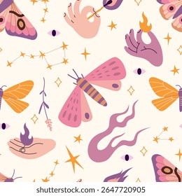 Seamless pattern with moths, flames, eyes and magical symbols. Mysterious design for witchy themes, tarot accessories or spiritual decor. Vector illustration on light background, hand drawn, flat