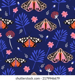Seamless pattern with moths, flowers, and butterfly. Floral background for fabric, wrapping, textile, wallpaper, apparel. Vector illustration.
