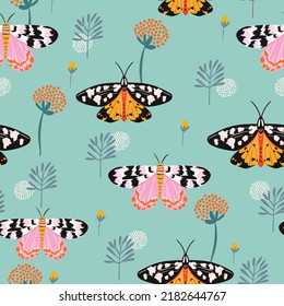 
Seamless pattern with moths, flowers, and butterfly. Floral background for fabric, wrapping, textile, wallpaper, apparel. Vector illustration.