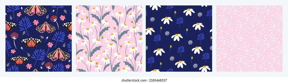 Seamless pattern with moths, flowers, and butterfly. Floral background set for fabric, wrapping, textile, wallpaper, apparel. Vector illustration.