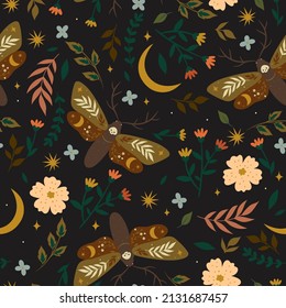 Seamless pattern with moths and flowers. Vector graphics.