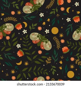 Seamless pattern with moths and flowers. Vector graphics.