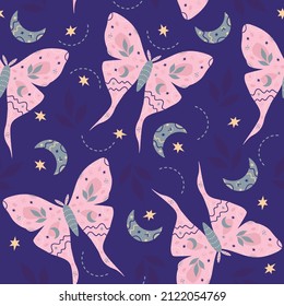 Seamless pattern with moths and leaves. Heavenly background with butterflies, stars, moon. Design for card, fabric, print, poster, clothes and textile