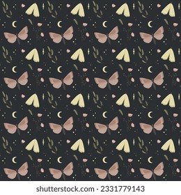 Seamless pattern with moths, moon and stars